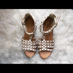 Gold studded block heel sandals